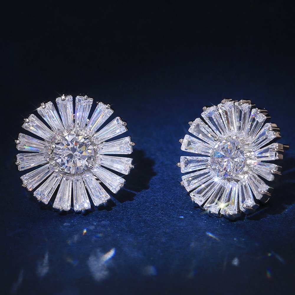Silver Baguette Round Diamond Sunflower Earrings
